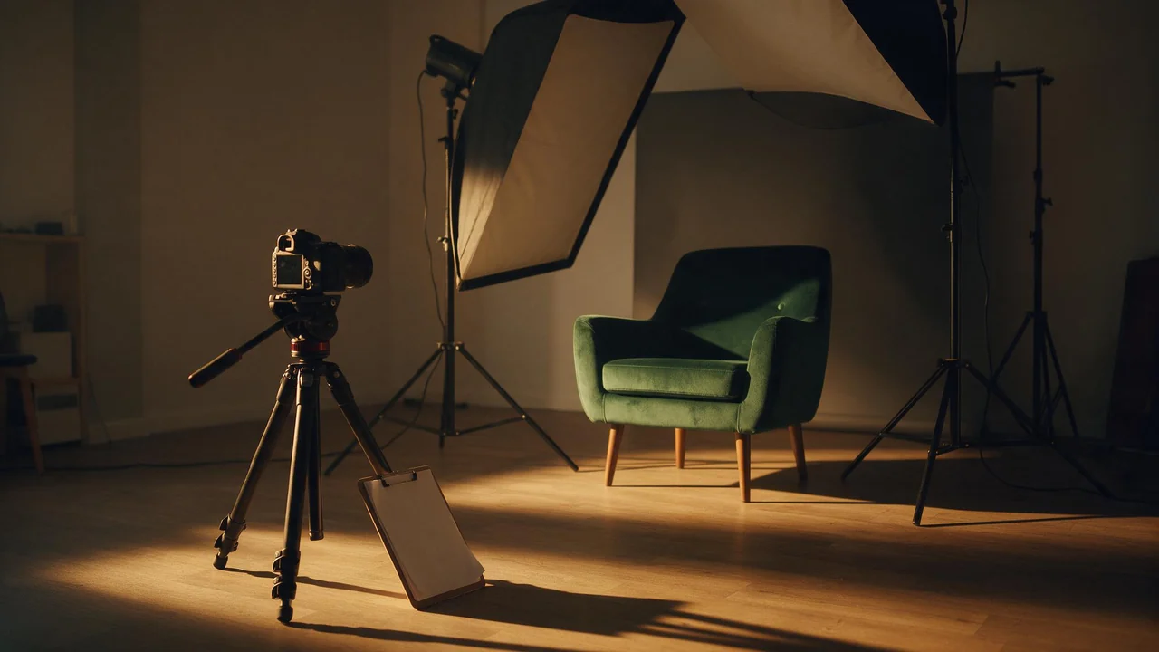 An empty photography studio where a camera on a low tripod is aimed at a velvet armchair lit by a softbox, with a clipboard of blank pages leaning against a tripod leg in warm amber light.