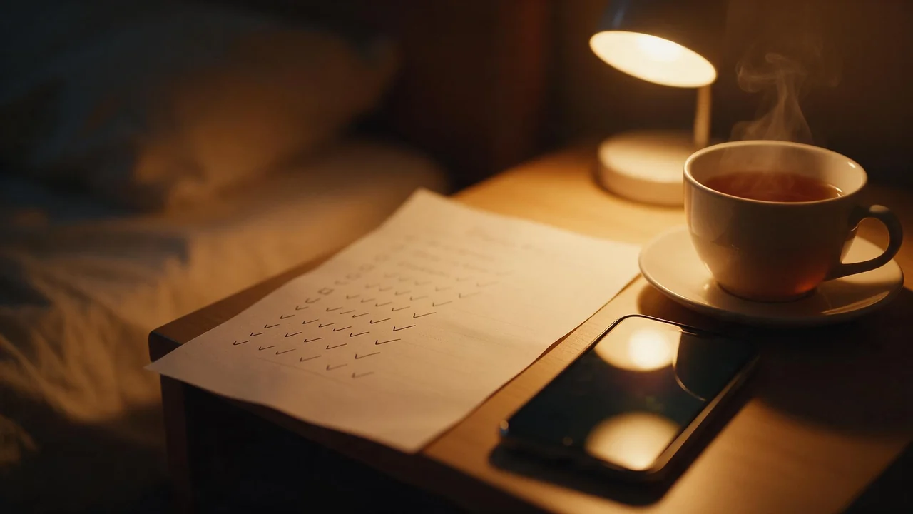 A bedside table at night holds a paper checklist with handwritten tick marks, a smartphone with a dark screen and a steaming cup of tea, all lit by the warm glow of a small lamp.