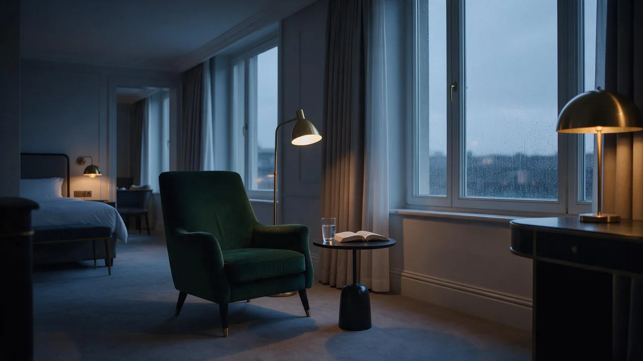 An empty hotel suite at dusk with a velvet armchair beside a side table holding a glass and an open book, warm lamps glowing near tall rain streaked windows in soft blue evening light.