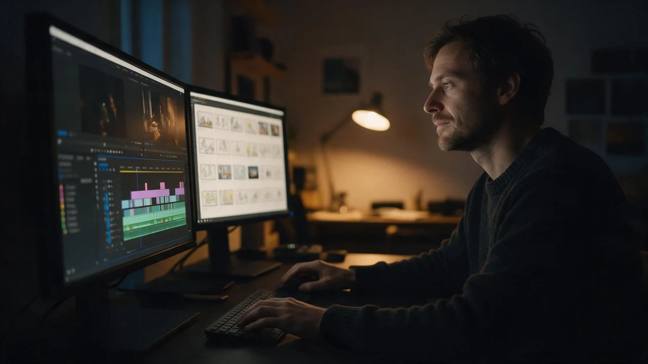A film editor in a dark knit sweater works at a dimly lit editing desk at night, softly illuminated by two out-of-focus monitors showing a video editing timeline and storyboard thumbnail sketches.