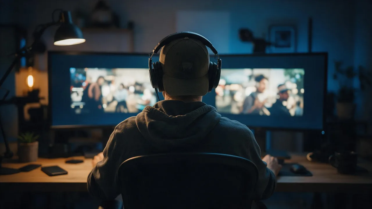 A person in ordinary clothes sits at a desk in a dim home studio at night, seen from behind, facing two monitors that glow with softly blurred video frames, while warm lamp light and the cool glow of the screens mix across the room.