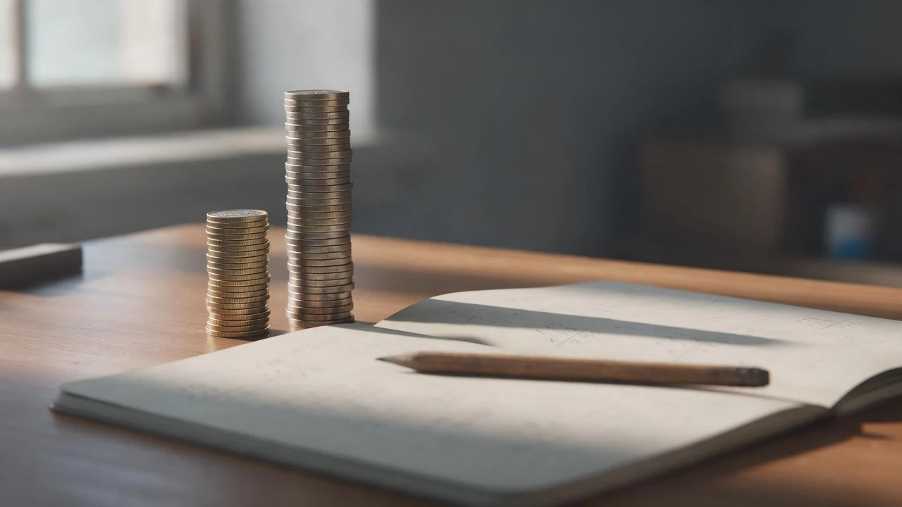 Two stacks of coins of different heights stand on a wooden desk beside an open notebook with faint handwritten arithmetic and a pencil, lit by soft window light.