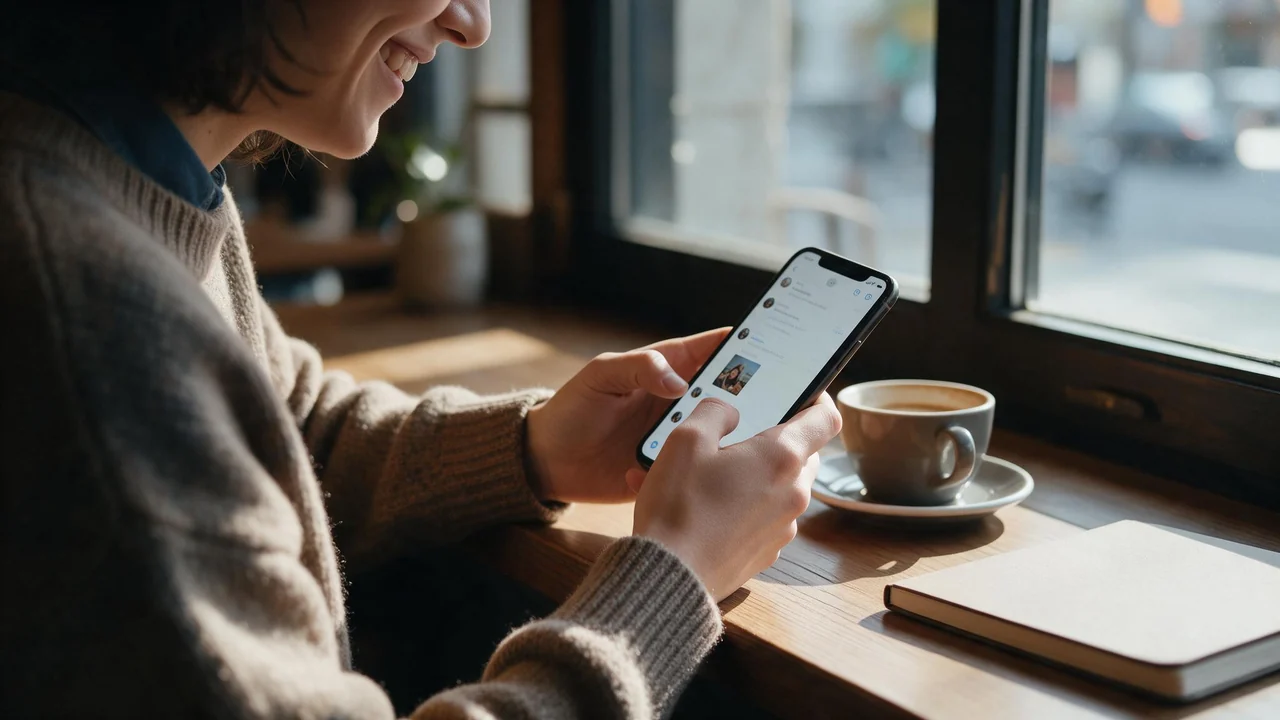 A person in a knit sweater sits at a cafe window table in soft afternoon light, smiling at a phone whose screen shows a chat thread with a small photo thumbnail.