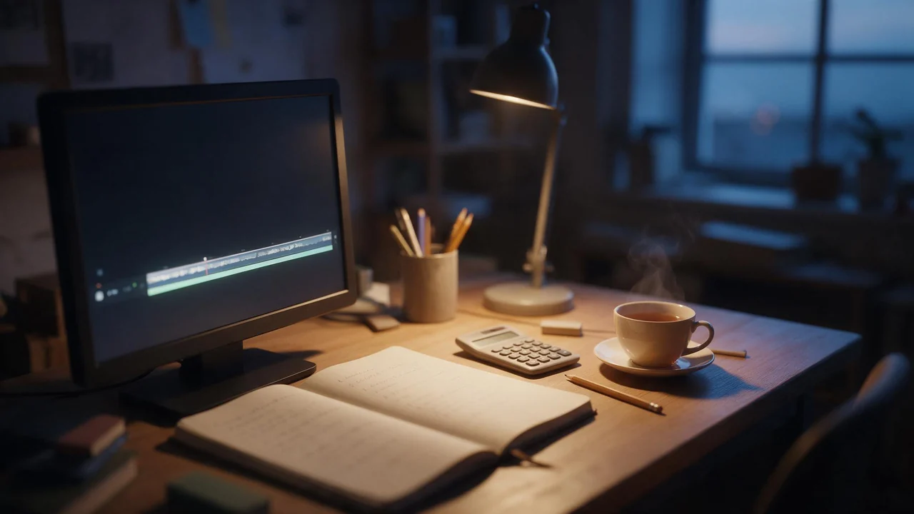 A calm editing desk at dusk with a small monitor showing a paused video timeline, an open notebook with two columns of faint pencil notes, a pencil, a calculator and a cup of tea in warm lamplight.