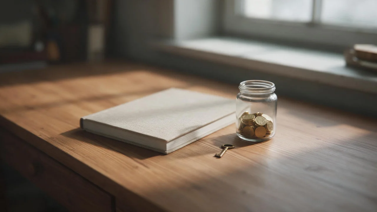 A wooden desk in soft window light holds a closed sketchbook, a small glass jar of coins, and a brass key resting beside it.