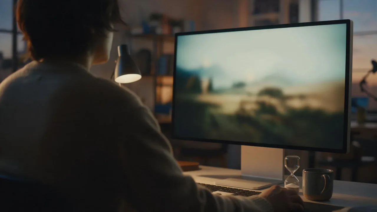 A person in a knit sweater sits at a desk in a dim studio at dusk, reviewing a large monitor that shows a blurred cinematic landscape, with an hourglass and a mug beside the keyboard lit by warm lamp light.