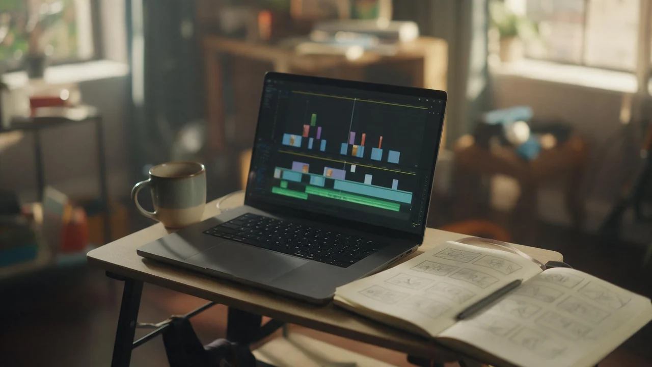 A small video editing desk in soft morning light, with a laptop showing a colorful clip timeline, a coffee mug, and an open notebook of pencil storyboard sketches beside it.
