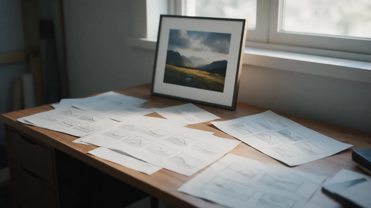 A wooden desk in soft morning light with several rough pencil thumbnail sketches on paper scattered next to one finished framed landscape print standing upright.