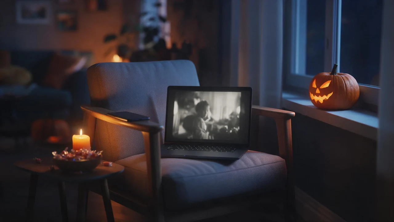 A cozy dim living room on Halloween night with an armchair beside a window, a carved pumpkin on the sill, a laptop showing a paused black-and-white film, a lit candle and a bowl of wrapped sweets on the side table, and a phone resting on the armrest.