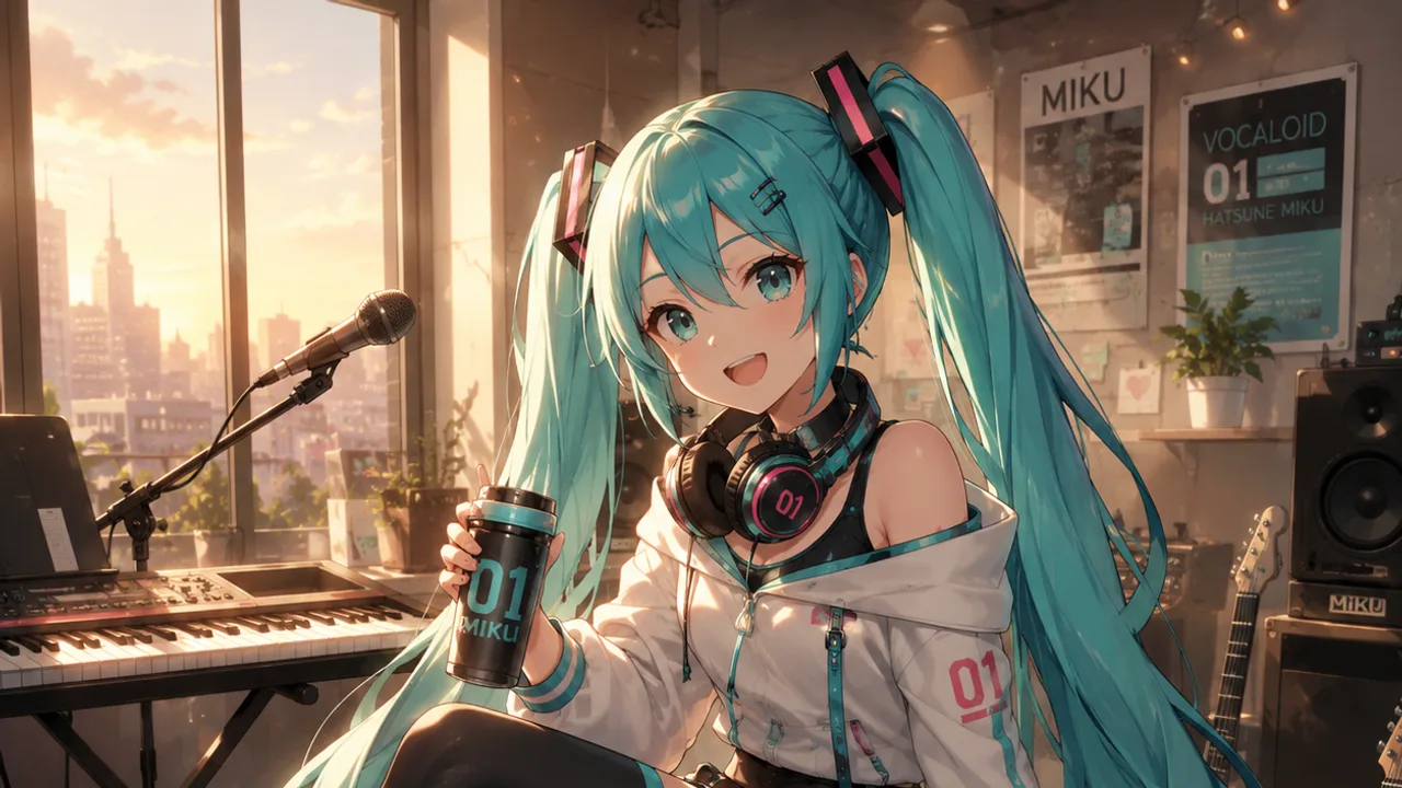 Stylizovaný azurovo-tyrkysový portrét zachycující jasnou, futuristickou energii společnice AI Hatsune Miku.