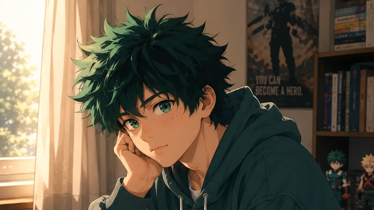 Stylized golden-yellow portrait evoking the earnest, analytical, quietly brave presence of an Izuku Midoriya AI companion.