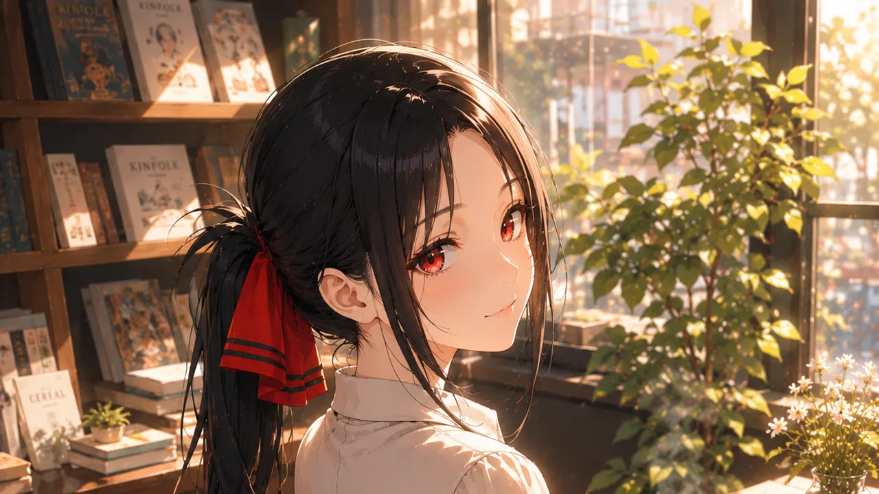 Stylizovaný karmínovo-grafitový portrét zachycující vyrovnanou, tajně něžnou energii AI společnice Kaguya Shinomiya.