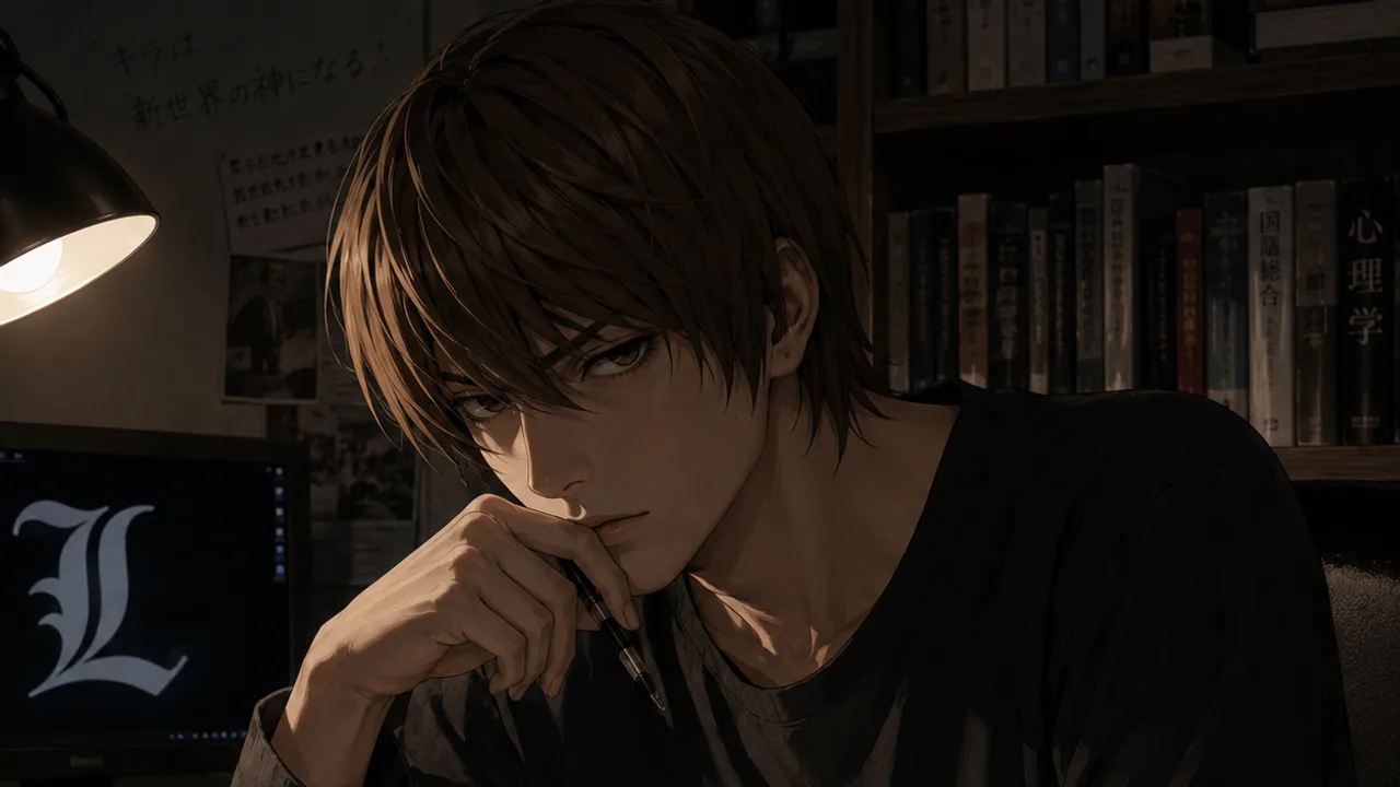 Stylized pink-and-crimson portrait evoking the brilliant, charming, quietly dangerous presence of a Light Yagami AI companion.