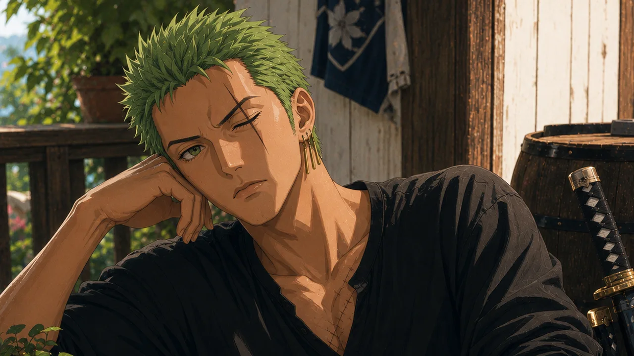 Stylizovaný nebesky modrý portrét evokující stoickou, suchou přítomnost společníka AI Roronoa Zoro.