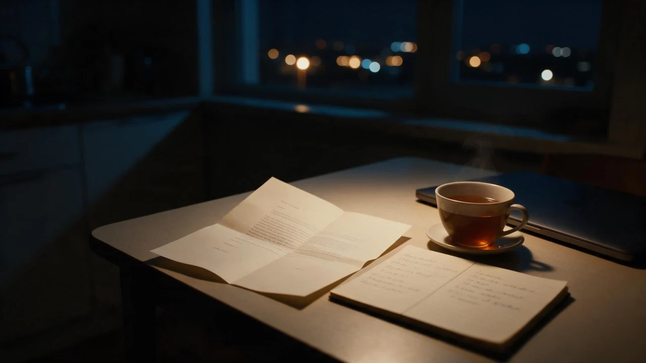 A kitchen table at night with an open letter, a notepad split into two columns of handwriting, a cup of tea and a closed laptop, while city lights glow through the window behind.