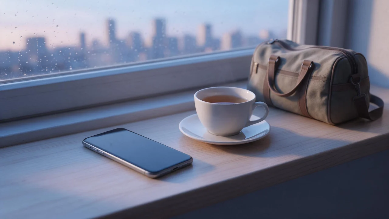 A quiet windowsill at dawn with a smartphone lying face up and its screen dark, beside a cooling cup of tea and a small packed travel bag, all in soft pale morning light.