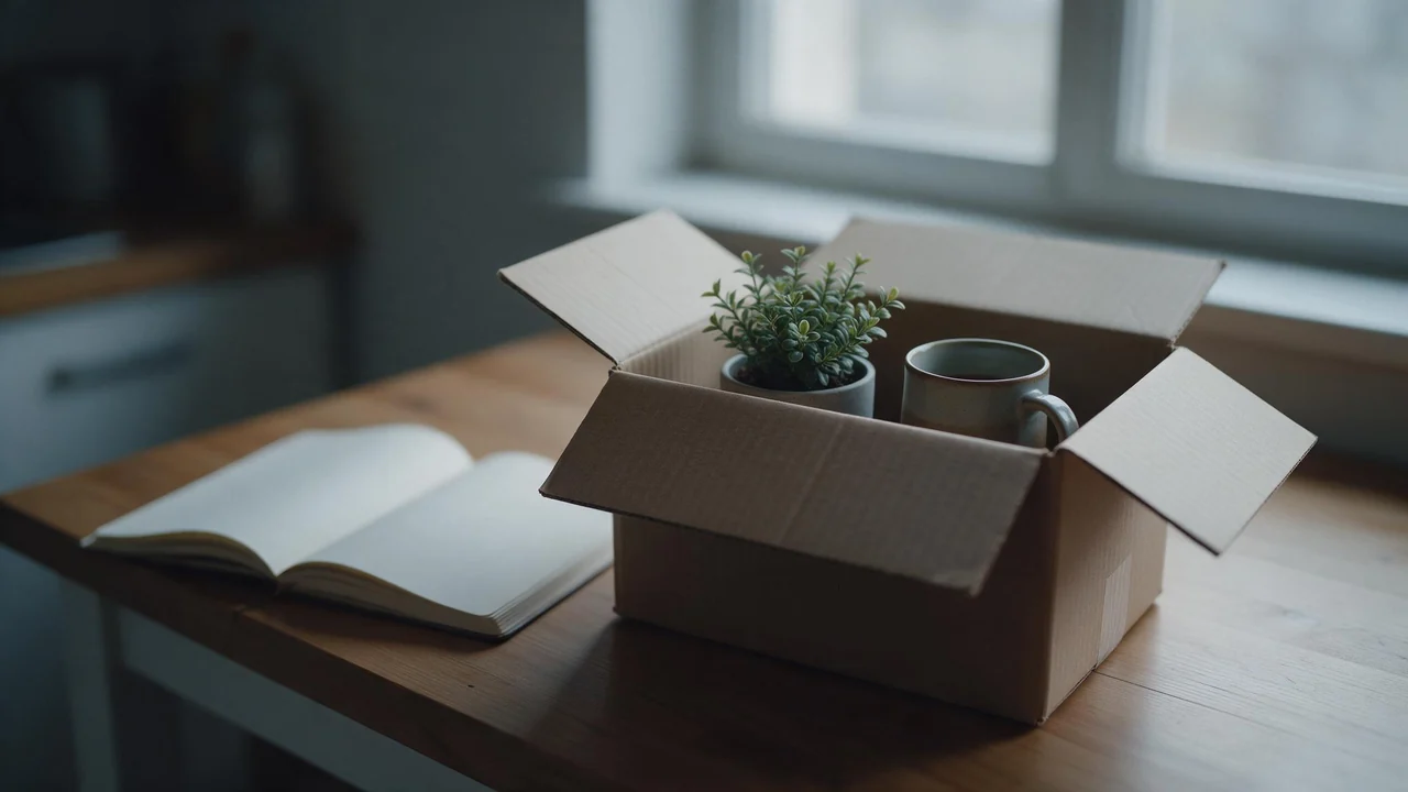 A cardboard box holding a small desk plant and a mug sits on a kitchen table beside an open notebook, all in soft grey morning light from a window.