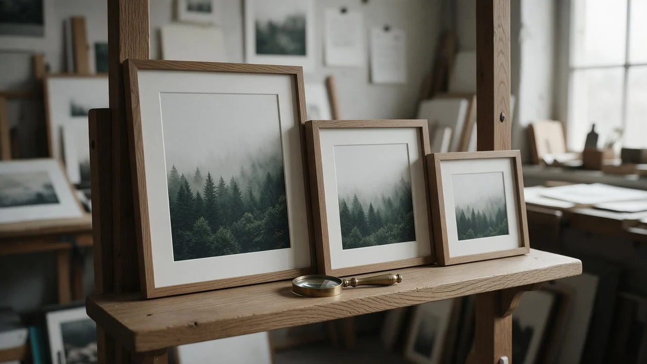 Three framed prints of the same misty forest landscape in large, medium and small sizes stand in a row on a wooden shelf, with a brass magnifying loupe resting in front of them in soft daylight.