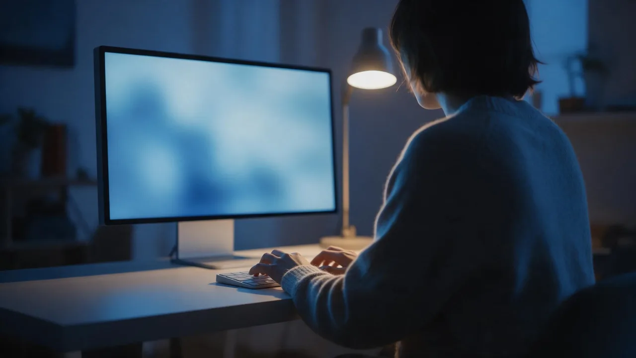 A person seen from behind, fully dressed, sits at a desk in a dim evening room typing on a keyboard while the monitor casts cool blue light beside a warm desk lamp, the screen contents softly blurred.