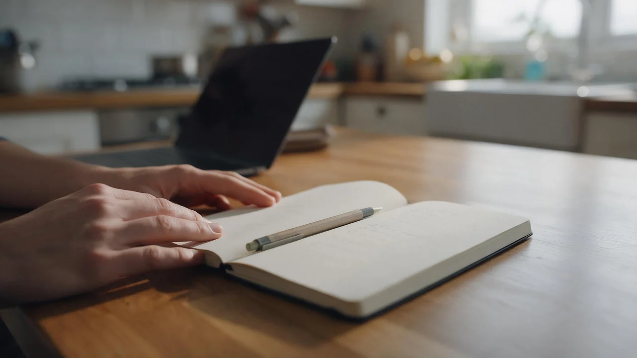A person's hands rest beside an open notebook on a wooden kitchen table, a pen laid across a page of faint unreadable pencil marks, with a half closed laptop blurred in the soft morning light behind.