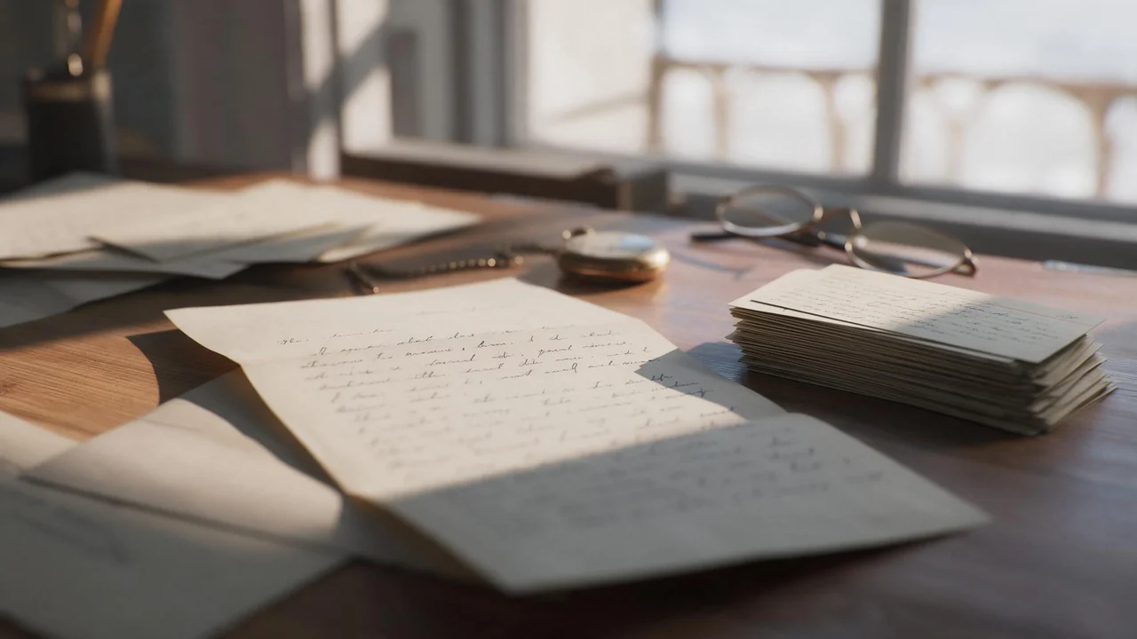 A tidy writing desk by a bright window holds a half read handwritten letter in blurred script, a small stack of index cards with tiny handwriting, a closed pocket watch and reading glasses, all in soft afternoon light.