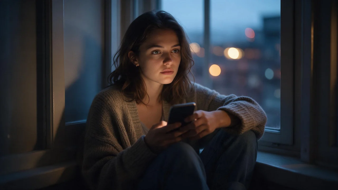 A young woman in a knitted cardigan sits curled on a windowsill at dusk, holding a phone and gazing thoughtfully into the distance while blurred city lights glow through the window behind her.