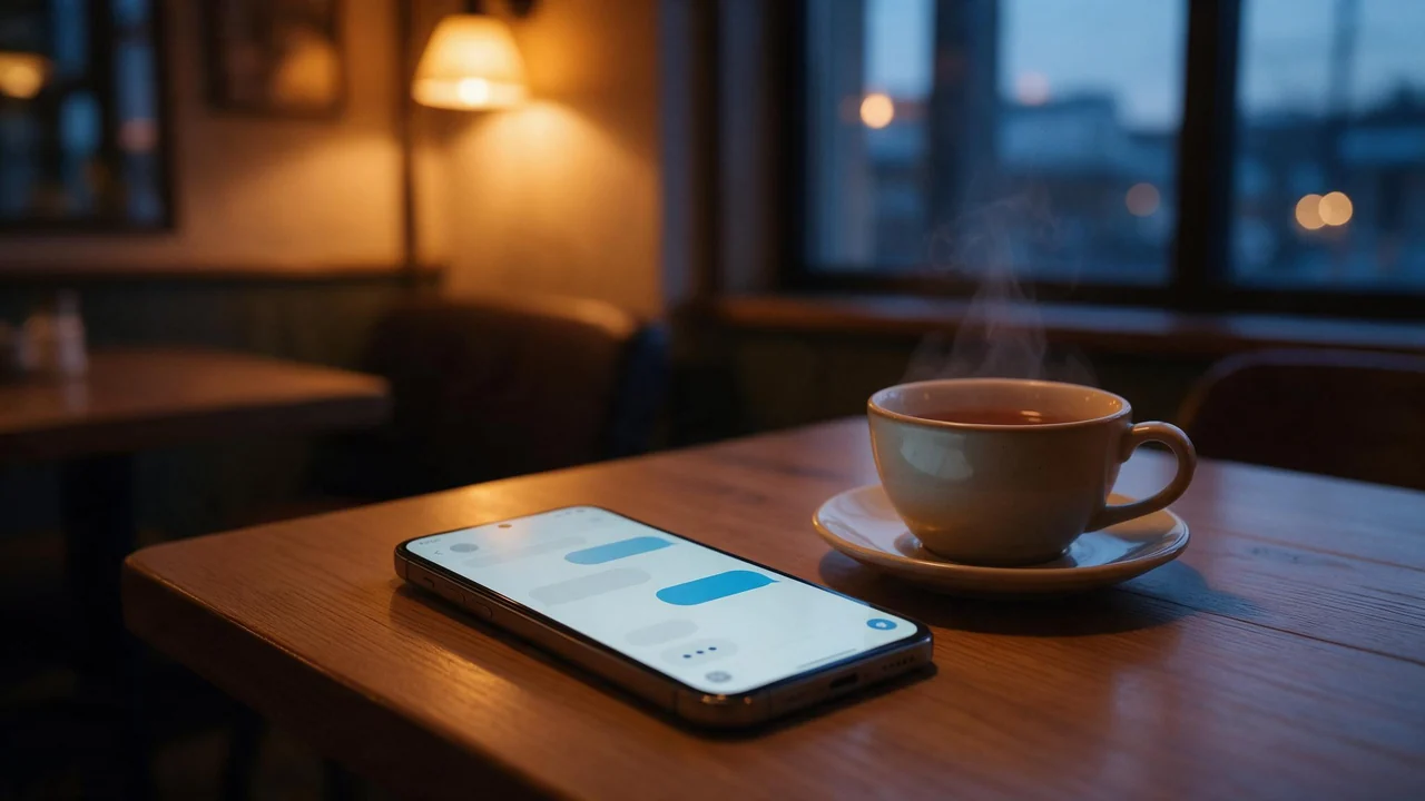 A smartphone on a wooden cafe table at dusk shows a softly glowing chat screen with blurred message bubbles and a three-dot typing indicator, next to a steaming cup of tea in warm lamp light.