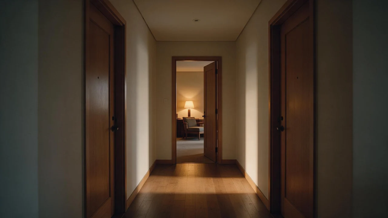 A quiet hallway with two closed wooden doors and one open door leading into a softly lit reading room with a warm lamp and an armchair in the evening light.
