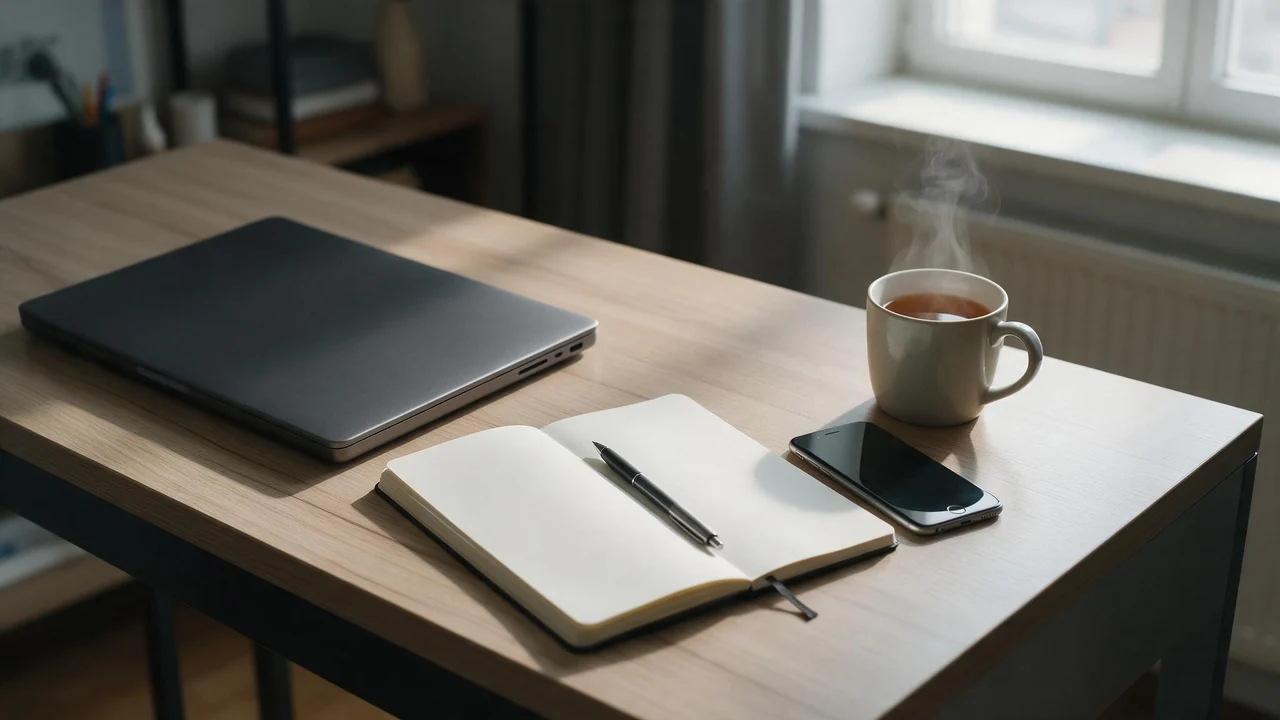 A tidy home desk in soft morning light with a closed laptop, an open notebook and pen, a phone with a dark screen and a steaming mug of tea.